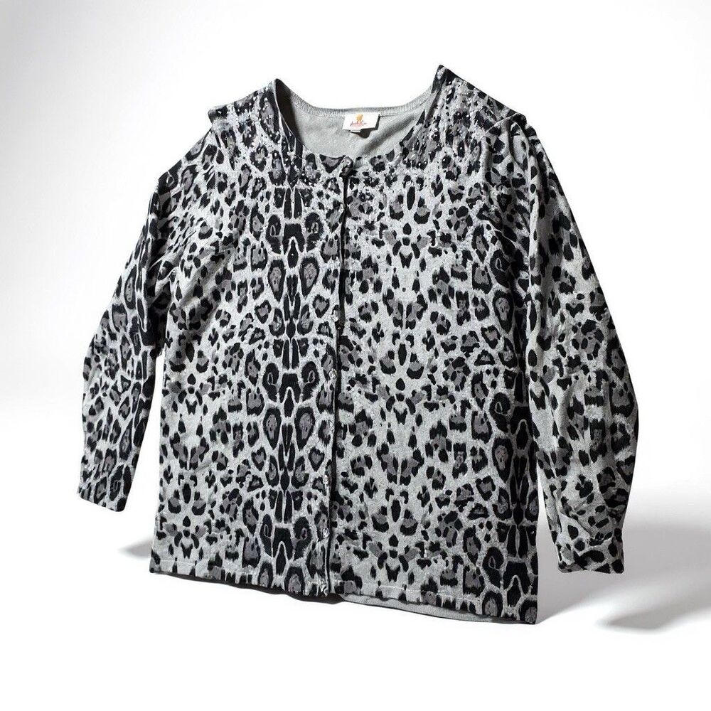 Quacker Factory Embellished Cardigan XL Long Sleeve Gray Animal Print Rhinestone